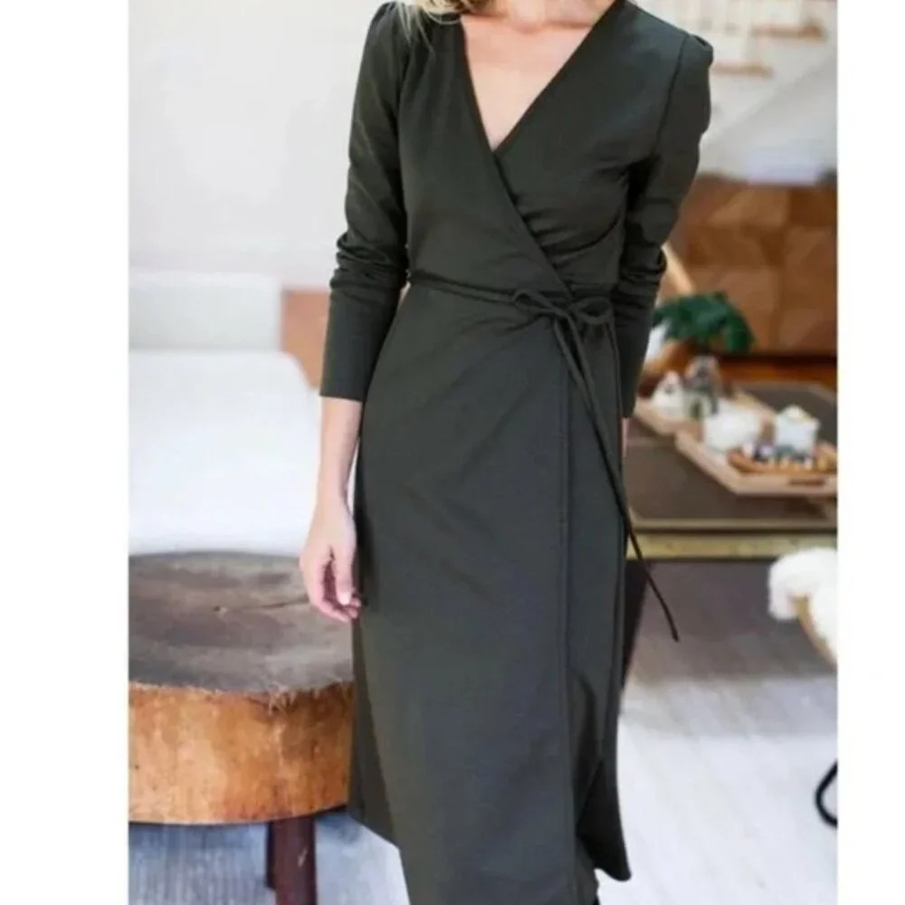 Emerson Fry Ballet Wrap Dress Adjustable Tie Waist Puff Sleeve Olive Green XS